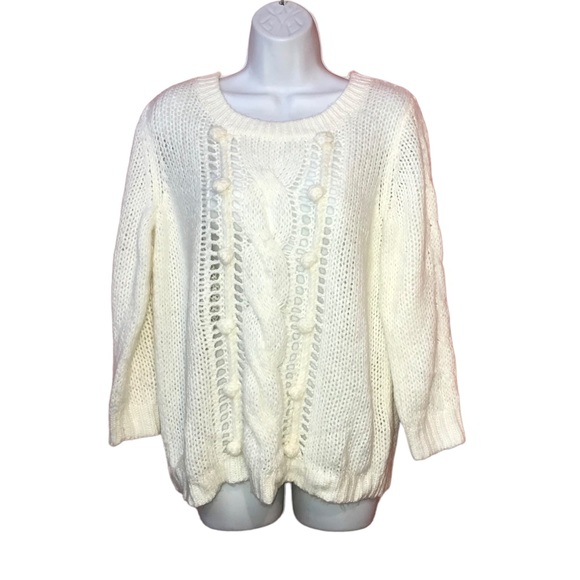 Old Navy Ivory Cable Knit Pom Pom Wool Blend Sweater - Large - Picture 9 of 9